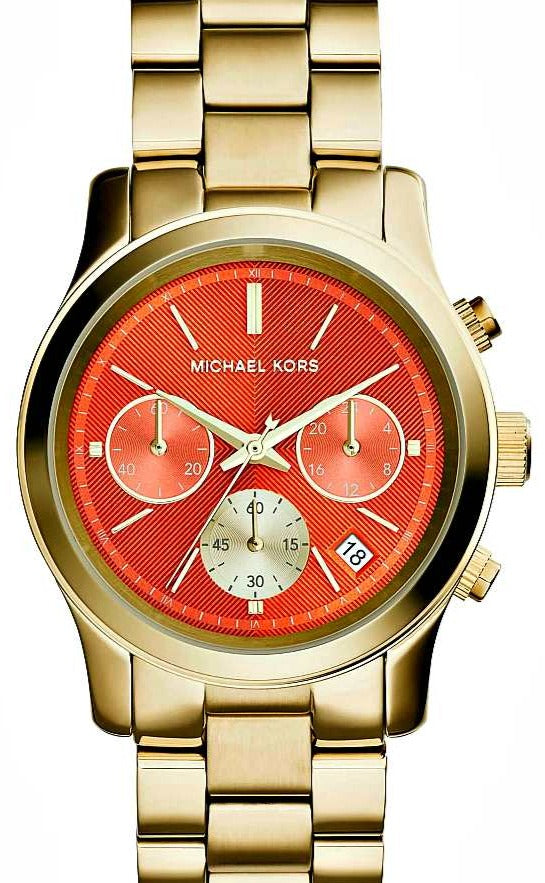  Shop Authentic Michael Kors Runway Chronograph Orange Dial Gold Steep Strap Watch For Women - MK6162 - Luxxuri