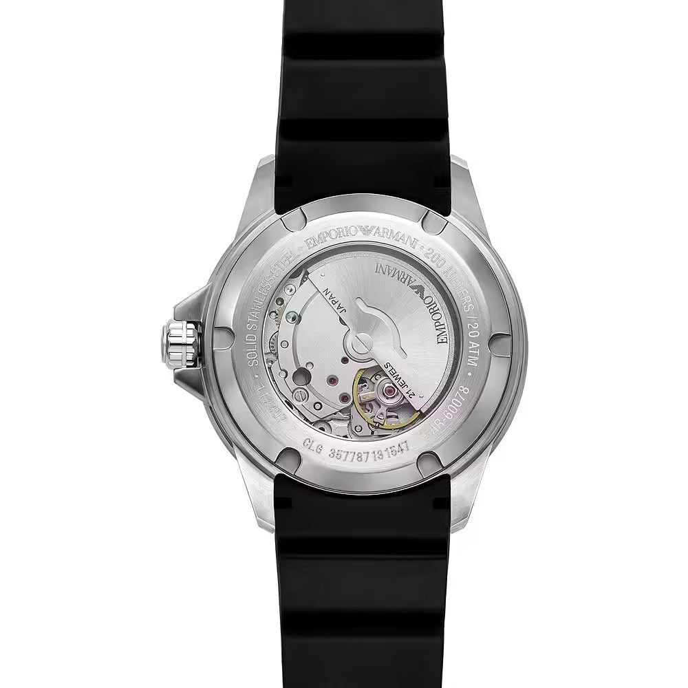 Emporio Armani Sea Explorer Automatic Black Dial Black Silicone Strap Watch For Men - AR60078