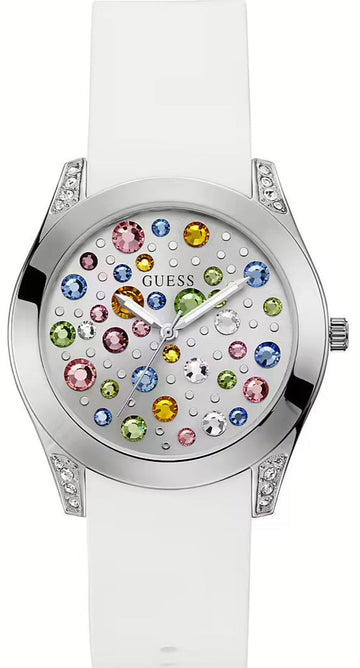  Shop Authentic Guess Wanderlust Crystals Silver Dial White Rubber Strap Watch For Women - W1059L3 - Luxxuri