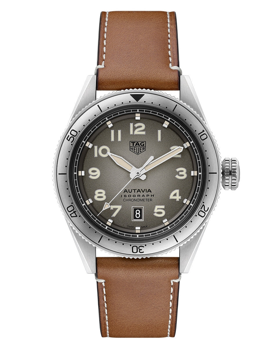  Shop Authentic Tag Heuer Autavia Isograph Grey Dial Calfskin Brown Leather Strap Watch for Men - WBE5111.FC8267 - Luxxuri