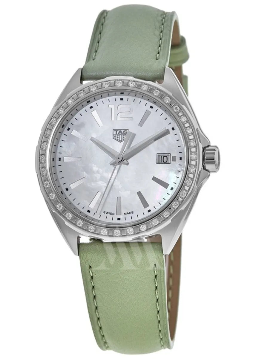  Shop Authentic Tag Heuer Formula 1 Quartz Diamonds Mother of Pearl Dial Green Leather Strap Watch for Women - WBJ131A.FC8249 - Luxxuri