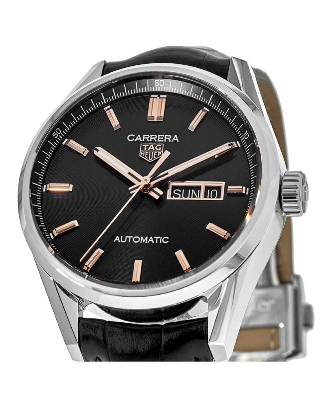  Shop Authentic Tag Heuer Carrera Day Date Black Dial Black Leather Strap Watch for Men - WBN2013.FC6503 - Luxxuri