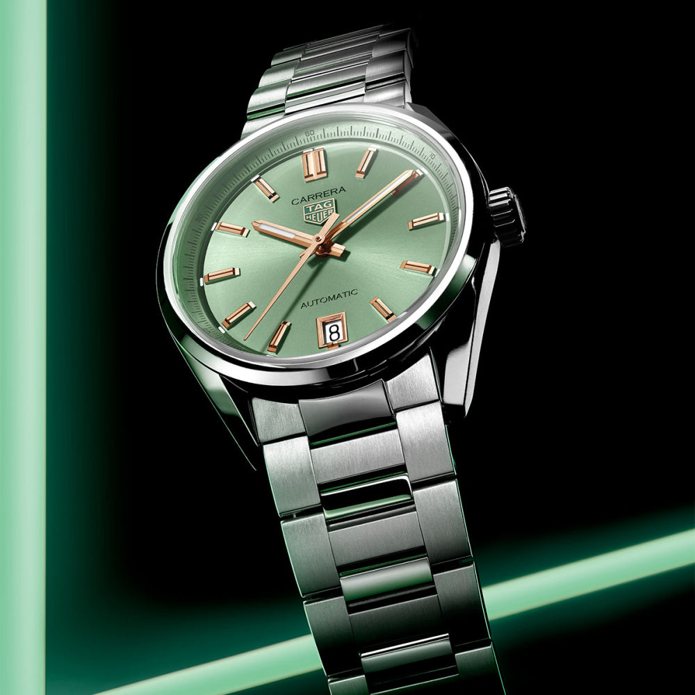  Shop Authentic Tag Heuer Carrera Date Automatic 18K Green Dial Silver Steel Strap Watch for Women - WBN2312.BA0001 - Luxxuri