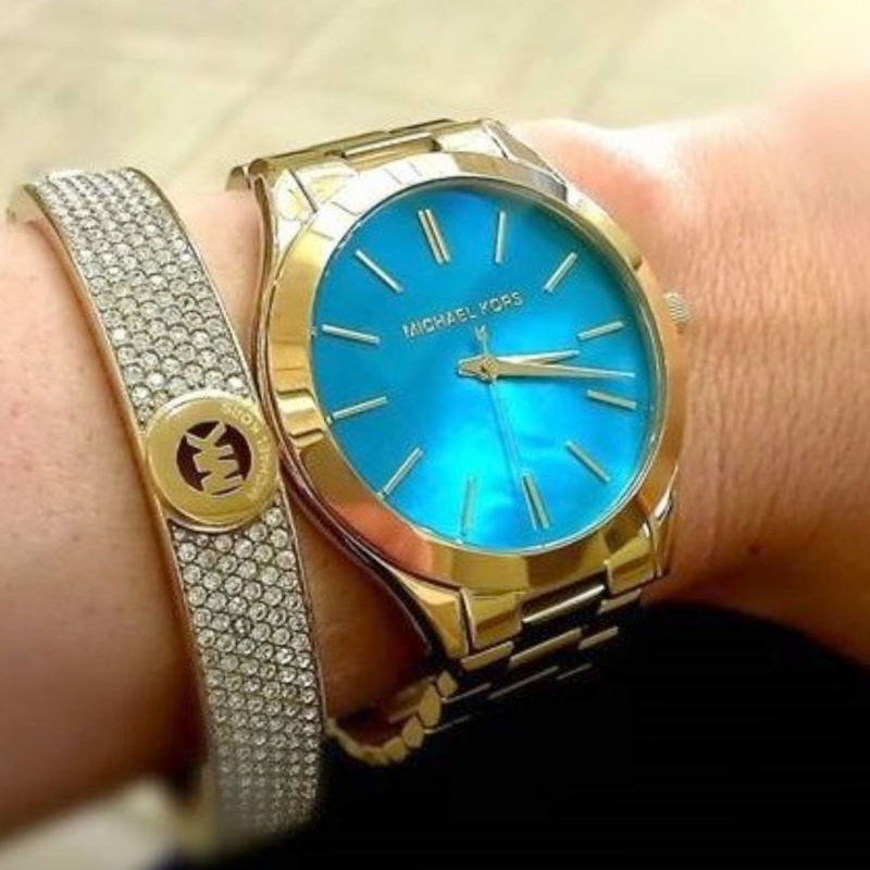  Shop Authentic Michael Kors Slim Runway Blue Mother of Pearl Dial Gold Steel Strap Watch for Women - MK3492 - Luxxuri