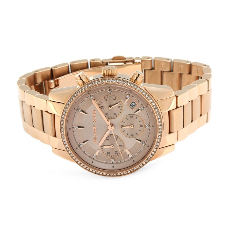  Shop Authentic Michael Kors Ritz Chronograph Rose Gold Dial Rose Gold Steel Strap Watch for Women - MK6357 - Luxxuri
