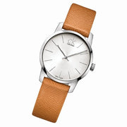  Shop Authentic Calvin Klein City Silver Dial Light Brown Leather Strap Watch For Women- K2G23120 - Luxxuri