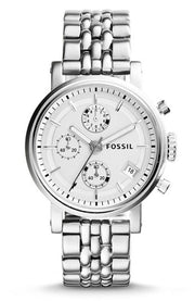  Shop Authentic Fossil Boyfriend Chronograph Silver Dial Silver Steel Strap Watch for Women - ES2198 - Luxxuri