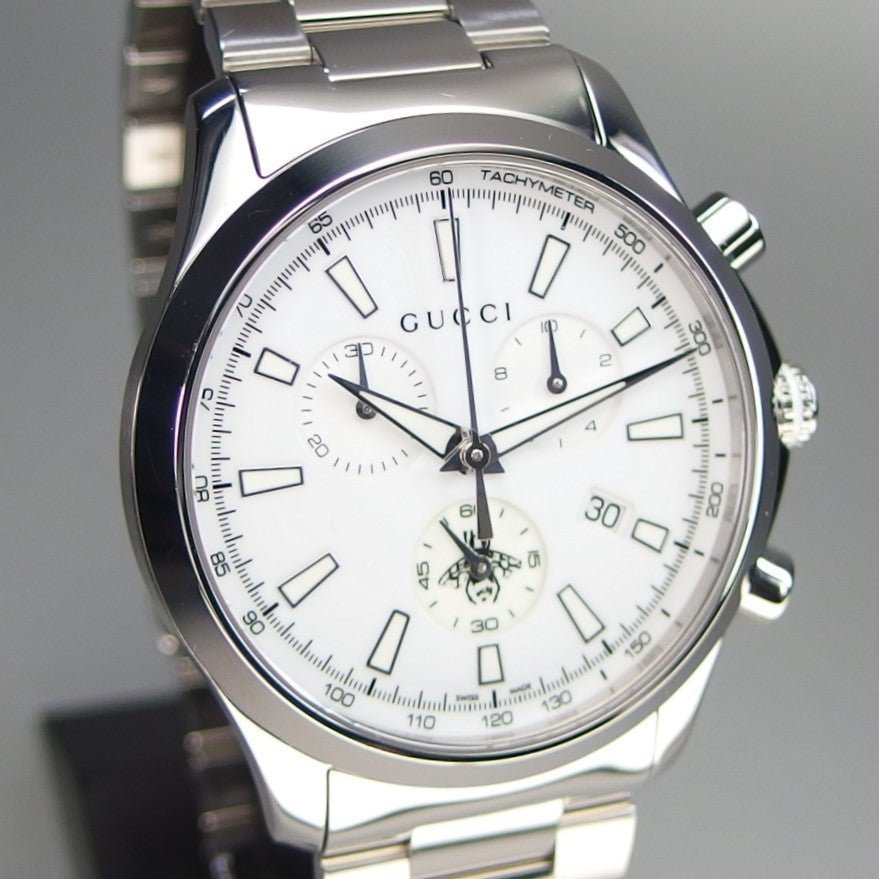  Shop Authentic Gucci G Timeless Chronograph White Dial Silver Steel Strap Watch For Men - YA126472 - Luxxuri