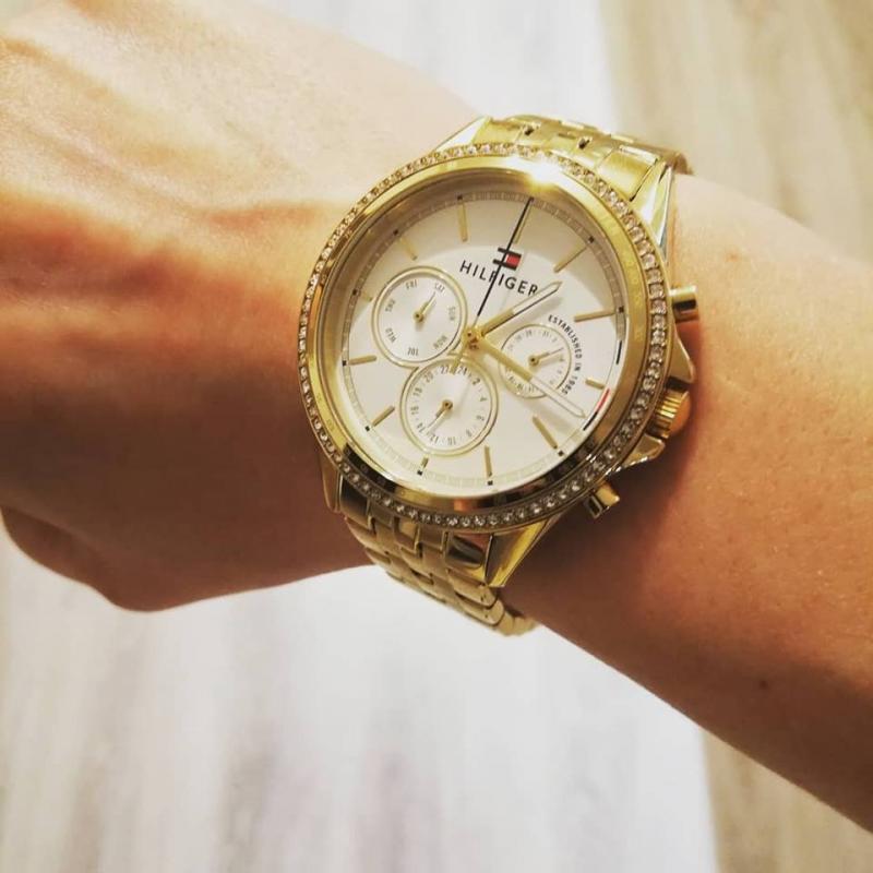  Shop Authentic Tommy Hilfiger Ari Multifunction Diamonds Silver Dial Gold Steel Strap Watch for Women - 1781977 - Luxxuri