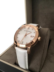  Shop Authentic Burberry The City Diamonds White Dial White Leather Strap Watch for Women - BU9130 - Luxxuri