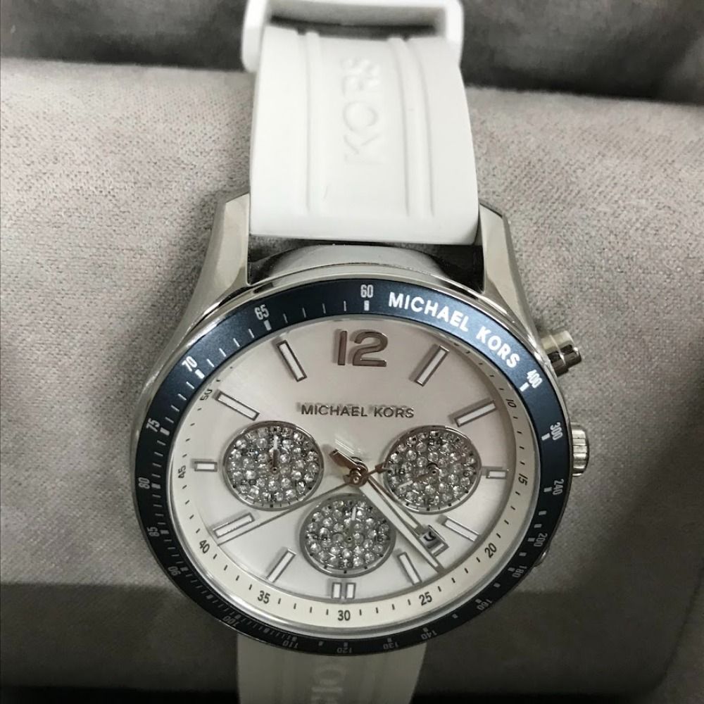  Shop Authentic Michael Kors Berkley Chronograph Silver Dial White Rubber Strap Watch For Women  - MKO1040 - Luxxuri