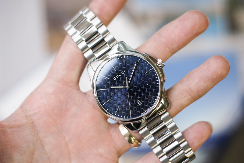  Shop Authentic Gucci G Timeless Blue Dial Silver Steel Strap Watch For Men - YA126316 - Luxxuri