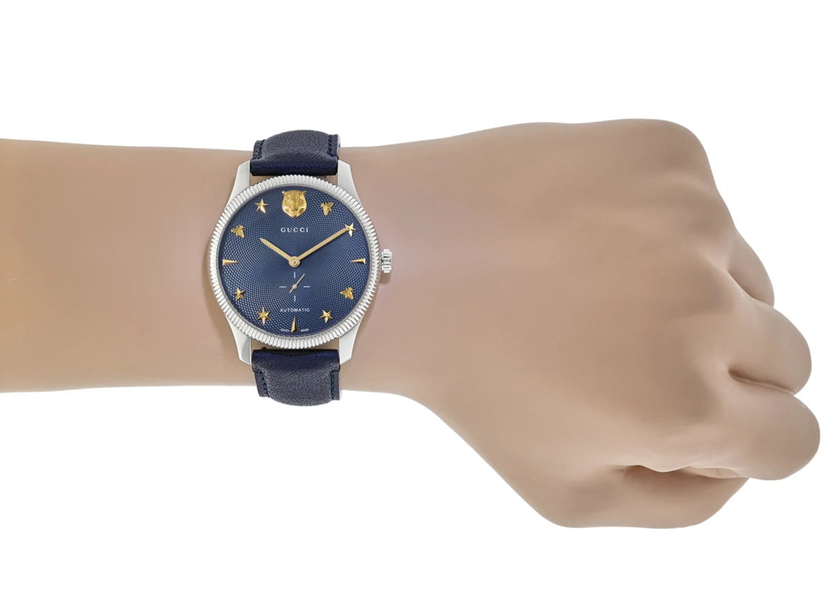  Shop Authentic Gucci G Timeless Automatic Blue Dial Black Leather Strap Watch For Men - YA126347 - Luxxuri