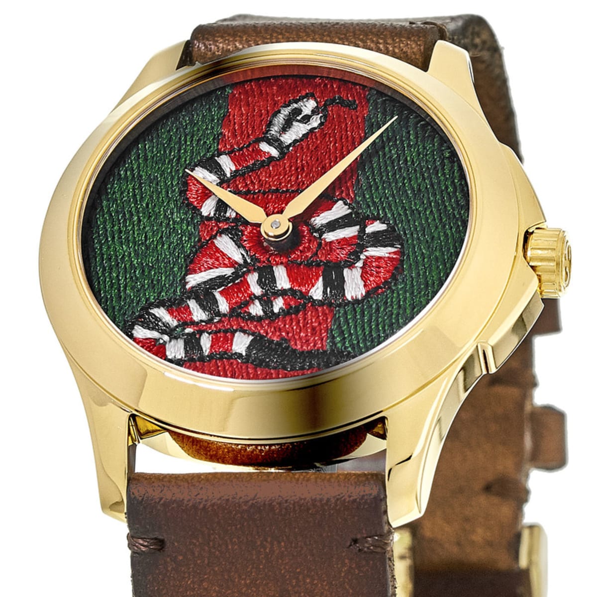  Shop Authentic Gucci Le Marche Des Merveilles Green and Red Dial Brown Leather Strap Unisex Watch - YA1264012 - Luxxuri