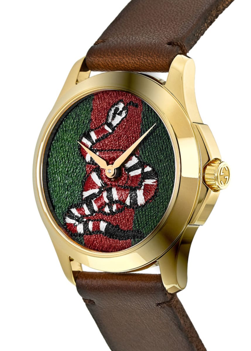  Shop Authentic Gucci Le Marche Des Merveilles Green and Red Dial Brown Leather Strap Unisex Watch - YA1264012 - Luxxuri