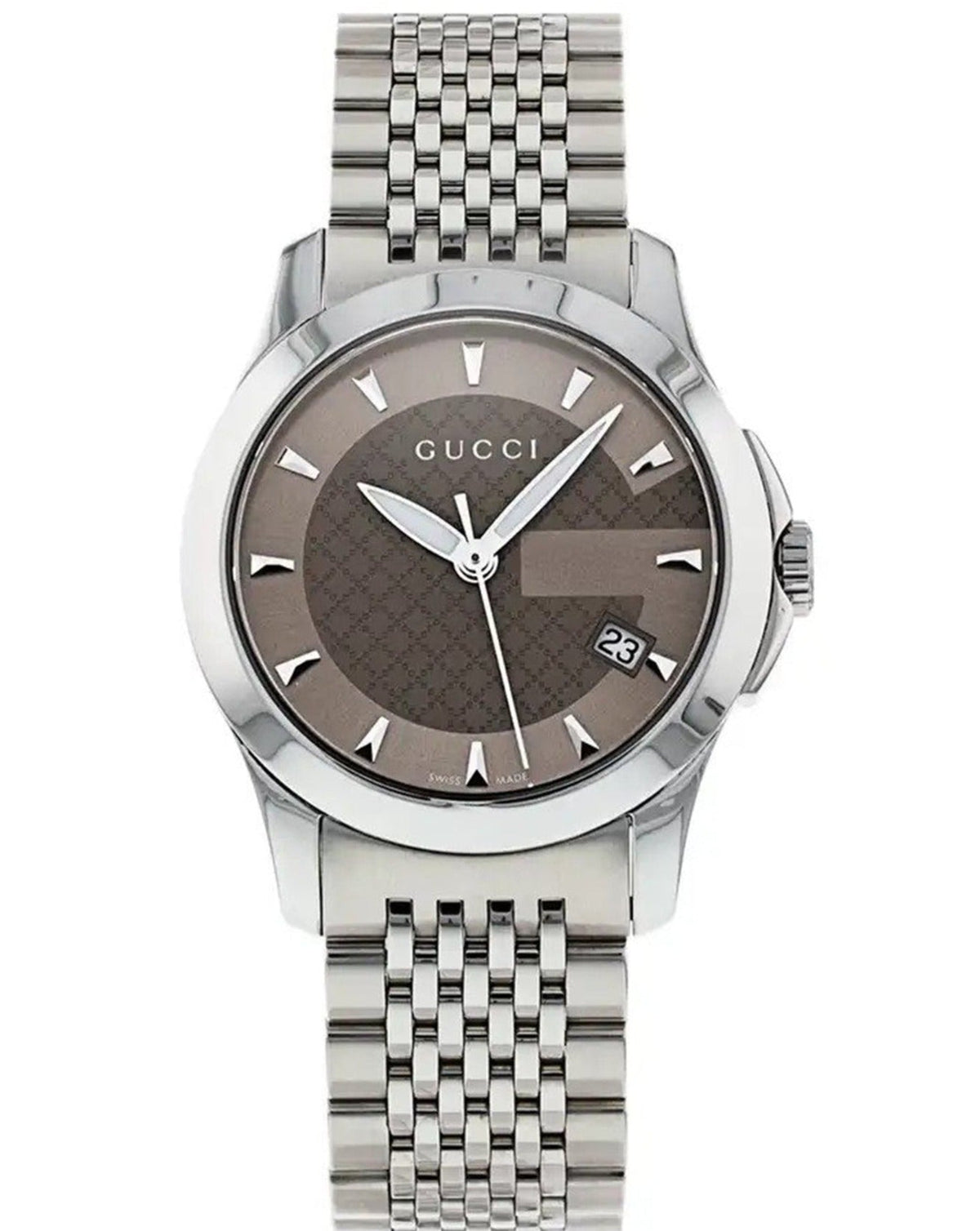  Shop Authentic Gucci G Timeless Brown Dial Silver Steel Strap Watch For Women - YA126503 - Luxxuri