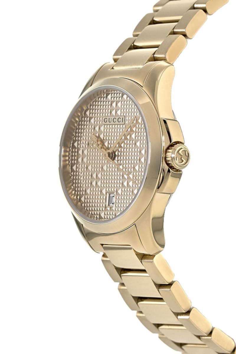  Shop Authentic Gucci G Timeless Gold Dial Gold Steel Strap Watch For Women - YA126553 - Luxxuri