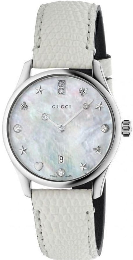  Shop Authentic Gucci G-Timeless Mother of Pearl White Dial White Leather Strap Watch For Women - YA126597 - Luxxuri