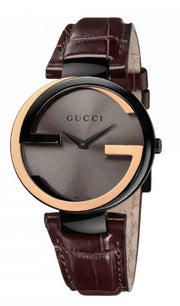  Shop Authentic Gucci Interlocking G 18K Gold Black Dial Brown Leather Strap Watch For Women - YA133304 - Luxxuri