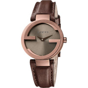 Shop Authentic Gucci G Interlocking Brown Dial Brown Leather Strap Watch For Women - YA133504 - Luxxuri