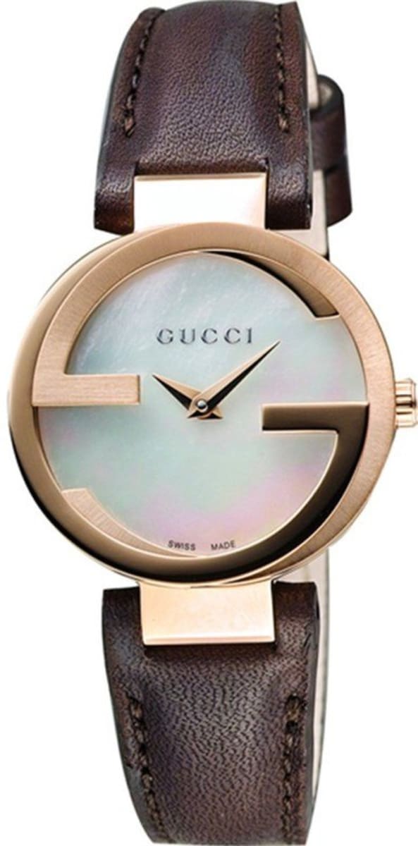  Shop Authentic Gucci G Interlocking Mother of Pearl Dial Brown Leather Strap Watch For Women - YA133516 - Luxxuri