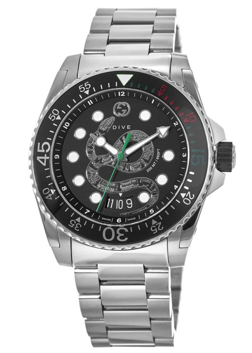  Shop Authentic Gucci Dive Snake Black Dial Silver Steel Strap Watch For Men - YA136218 - Luxxuri