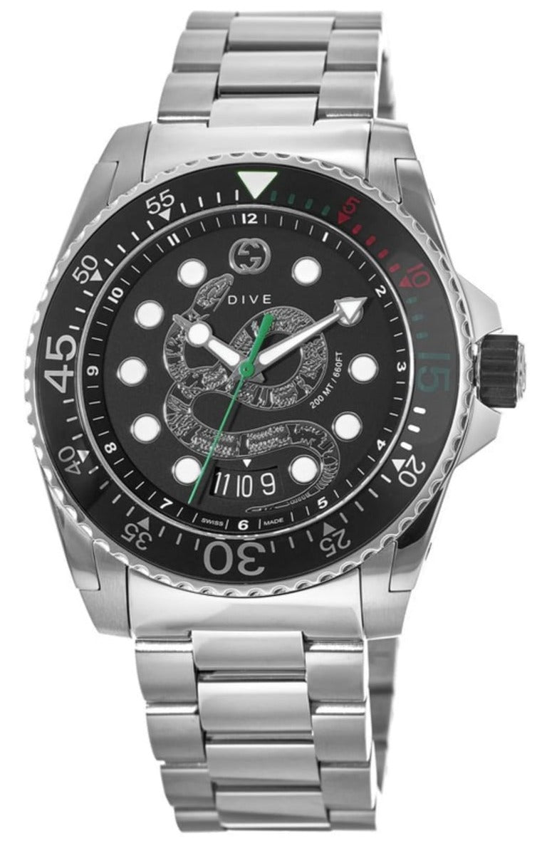  Shop Authentic Gucci Dive Snake Black Dial Silver Steel Strap Watch For Men - YA136218 - Luxxuri