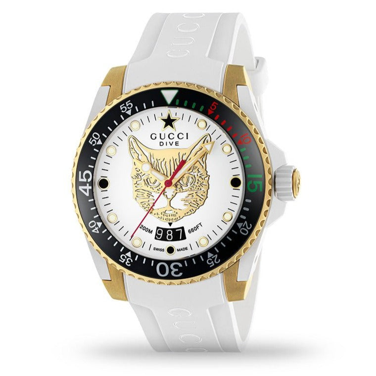  Shop Authentic Gucci Dive Quartz White Dial White Rubber Strap Unisex Watch - YA136322 - Luxxuri