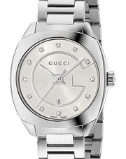  Shop Authentic Gucci G Frame Quartz Diamonds Silver Dial Silver Steel Strap Watch For Women - YA142504 - Luxxuri