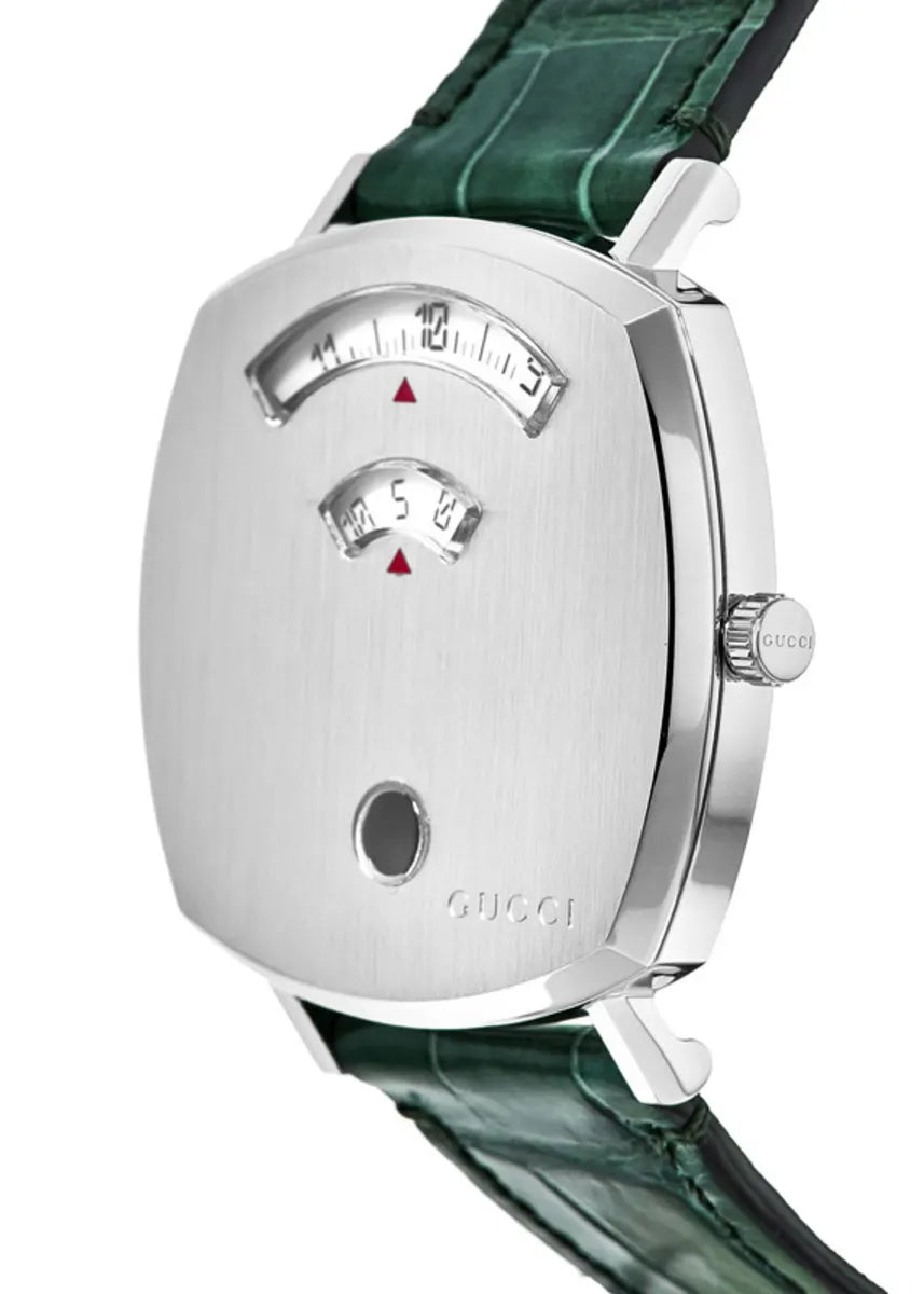  Shop Authentic Gucci Grip Quartz Silver Dial Green Leather Strap Watch For Women - YA157404 - Luxxuri
