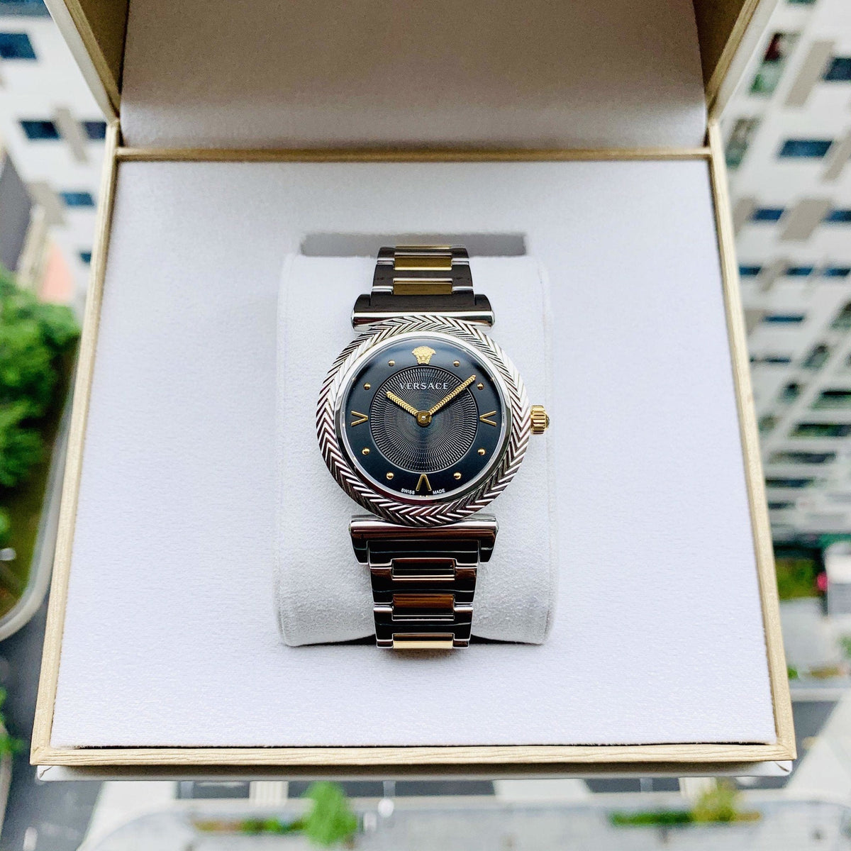  Shop Authentic Versace V-Motif Black Dial Two Tone Steel Strap Watch for Women - VERE00518 - Luxxuri