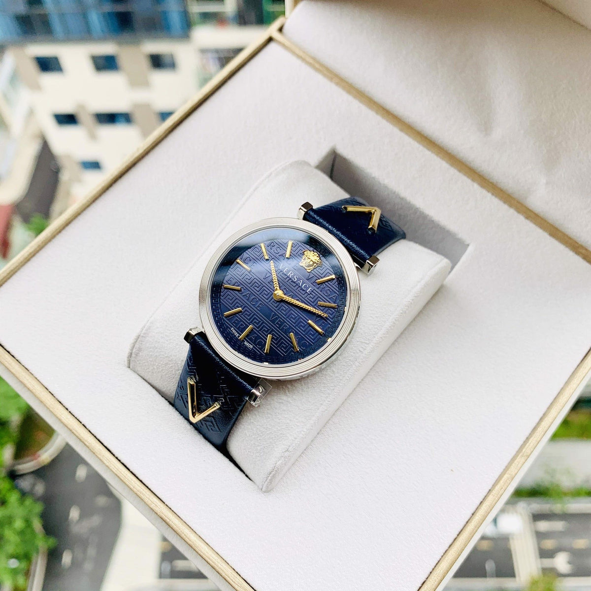  Shop Authentic Versace V-Twist Quartz Blue Dial Blue Leather Strap Watch for Women - VELS00119 - Luxxuri