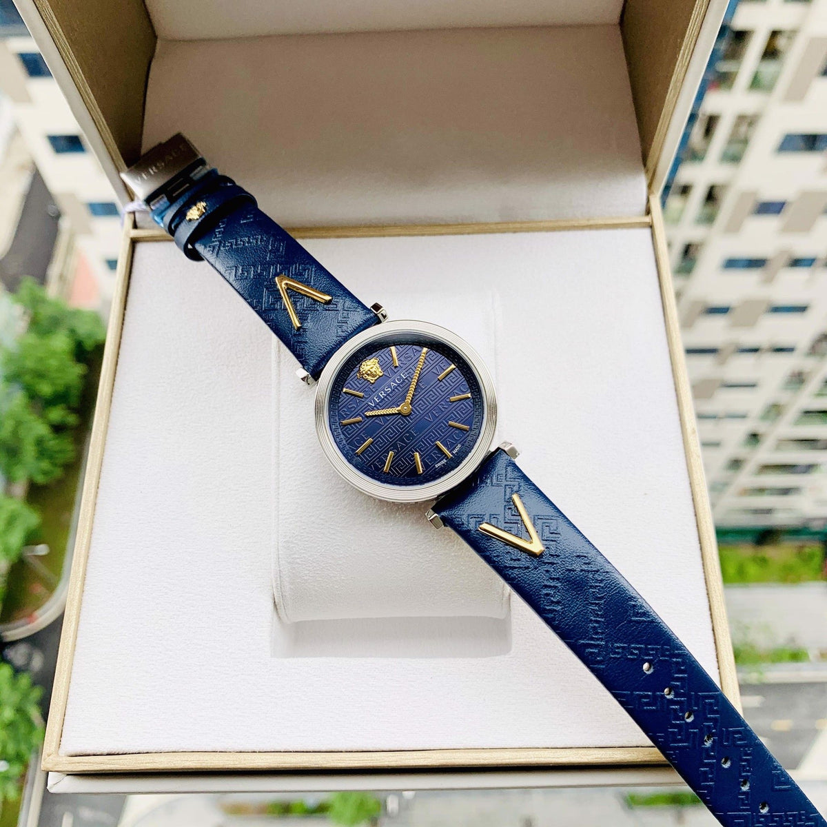  Shop Authentic Versace V-Twist Quartz Blue Dial Blue Leather Strap Watch for Women - VELS00119 - Luxxuri