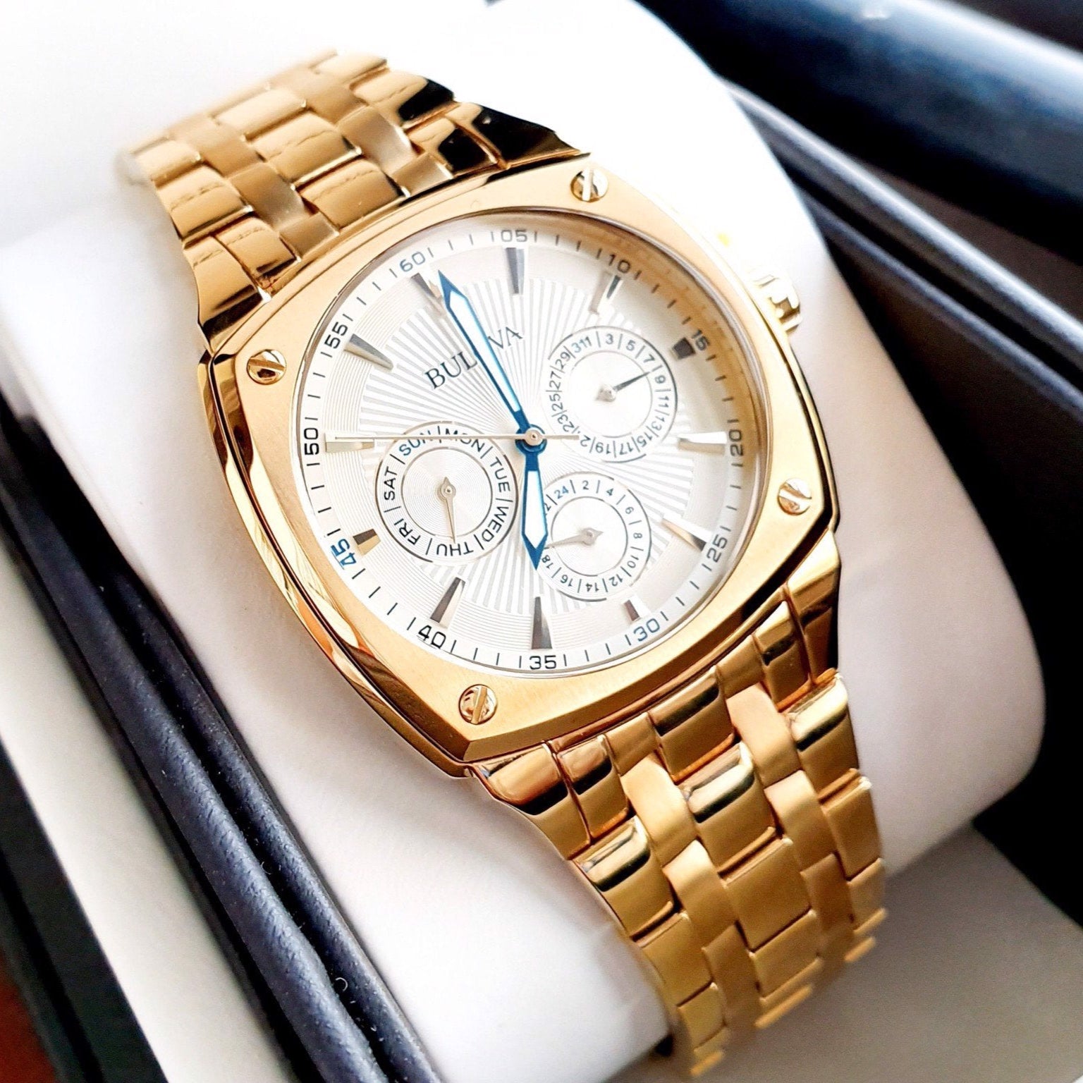  Shop Authentic Bulova Multifunction White Dial Gold Steel Strap Watch for Men - 97C105 - Luxxuri