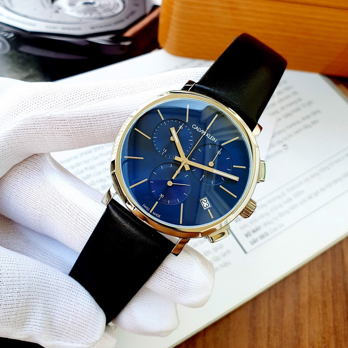  Shop Authentic Calvin Klein Chronograph Blue Dial Black Leather Strap Watch for Men - K8Q371CN - Luxxuri