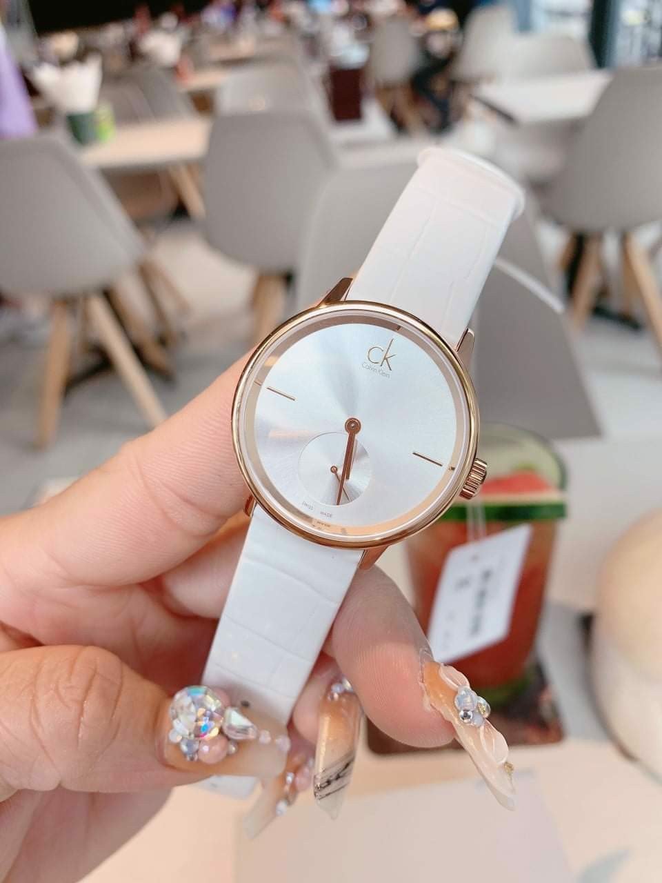  Shop Authentic Calvin Klein Accent Silver Dial White Leather Strap Watch for Women - K2Y216K6 - Luxxuri