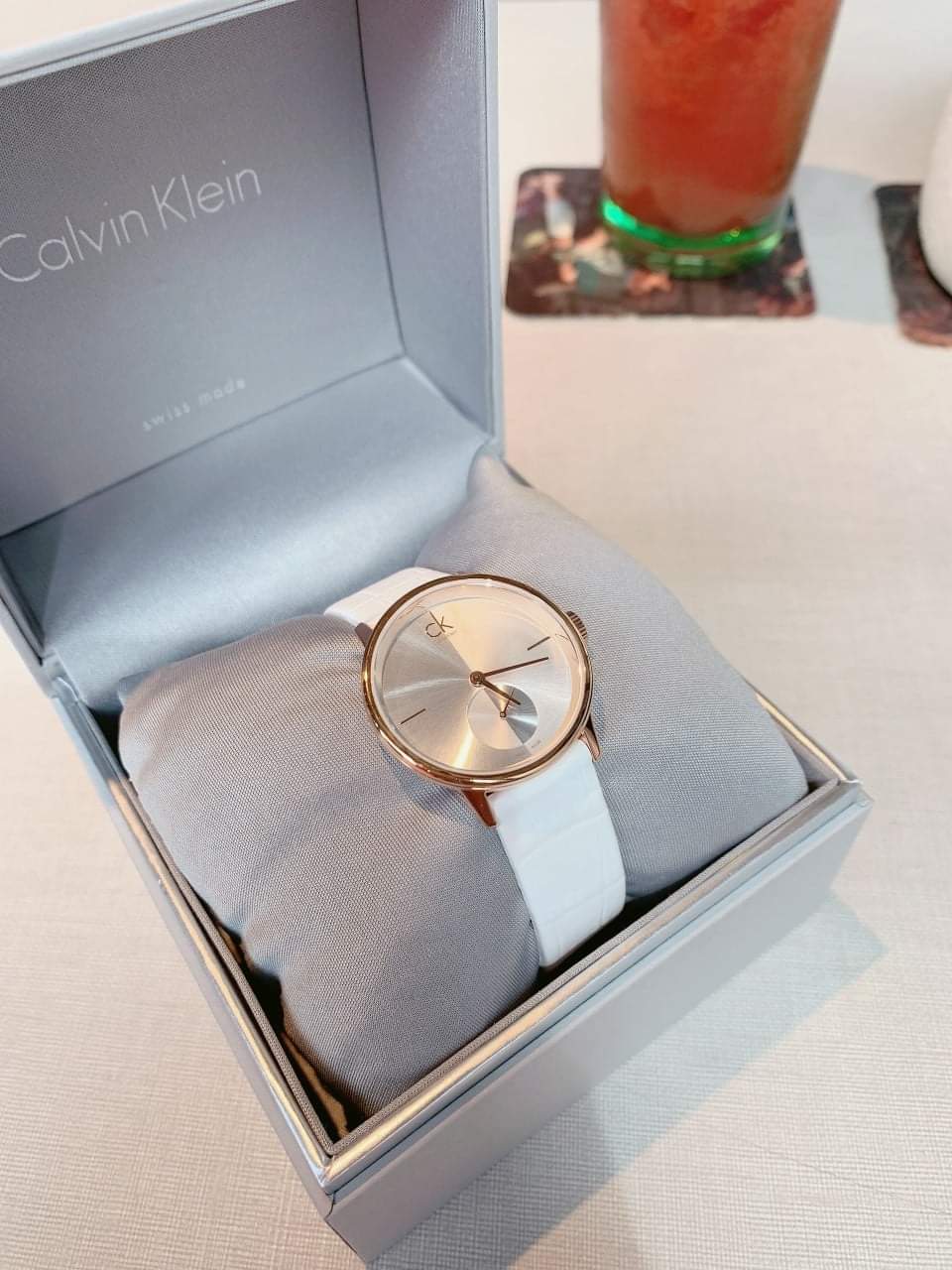 Shop Authentic Calvin Klein Accent Silver Dial White Leather Strap Watch for Women - K2Y236K6 - Luxxuri