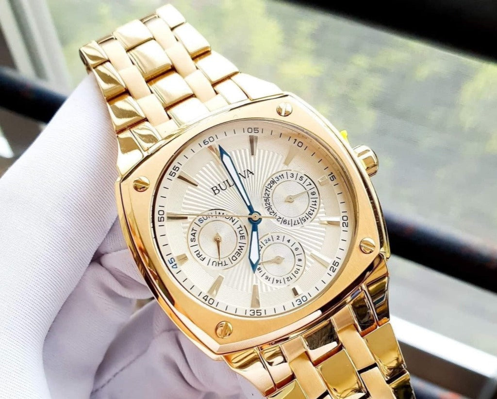  Shop Authentic Bulova Multifunction White Dial Gold Steel Strap Watch for Men - 97C105 - Luxxuri