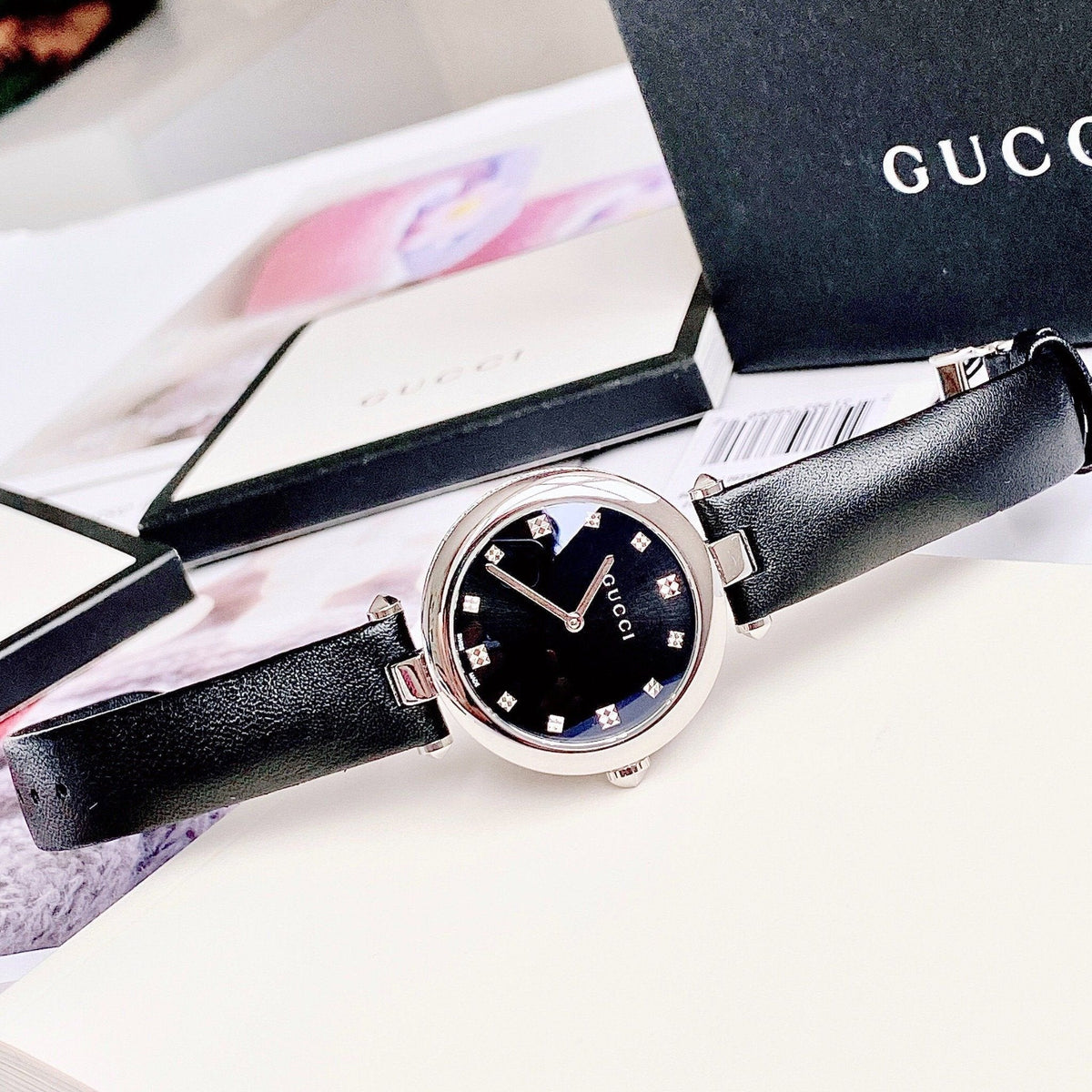  Shop Authentic Gucci Diamantissima Diamonds Black Dial Black Leather Strap Watch For Women - YA141403 - Luxxuri