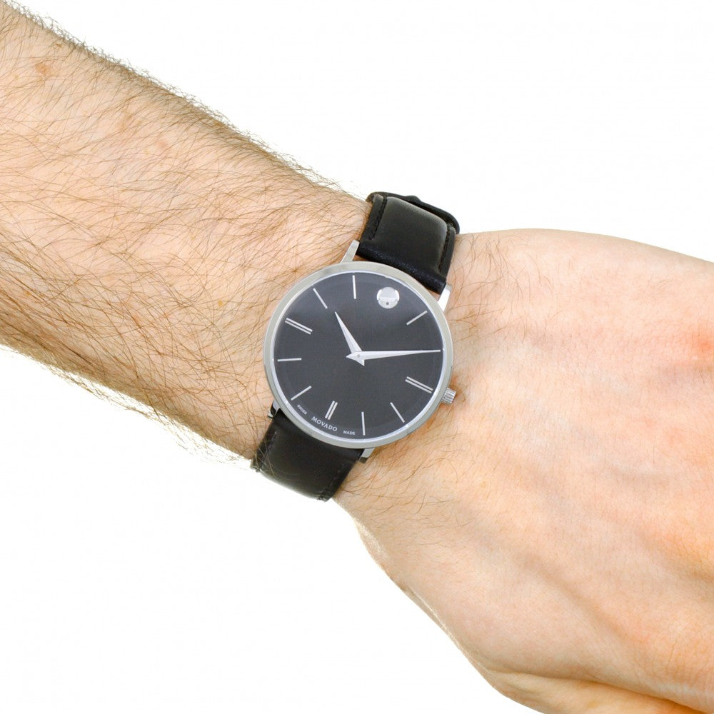  Shop Authentic Movado Ultra Slim Black Dial Black Leather Strap Watch For Men - 0607086 - Luxxuri