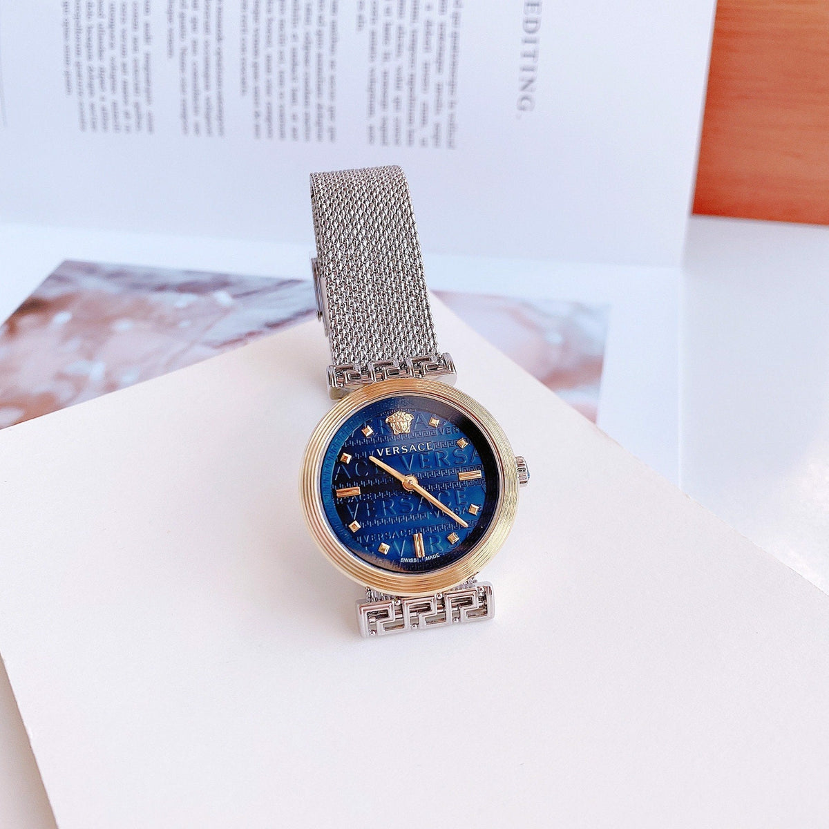  Shop Authentic Versace Meander Blue Dial Silver Mesh Bracelet Watch for Women - VELW00520 - Luxxuri