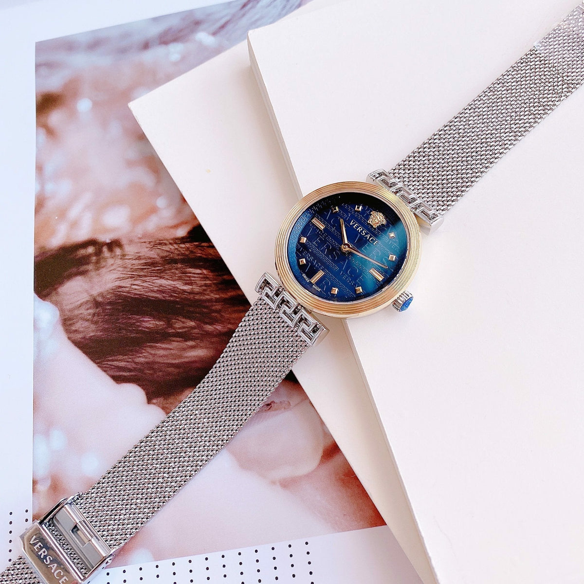  Shop Authentic Versace Meander Blue Dial Silver Mesh Bracelet Watch for Women - VELW00520 - Luxxuri
