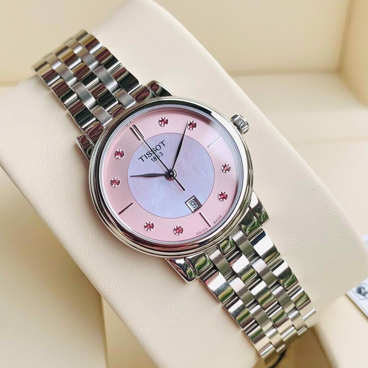  Shop Authentic Tissot T Classic Carson Premium Lady Mother of Pearl Pink Dial Silver Steel Strap Watch For Women - T122.210.11.159.00 - Luxxuri