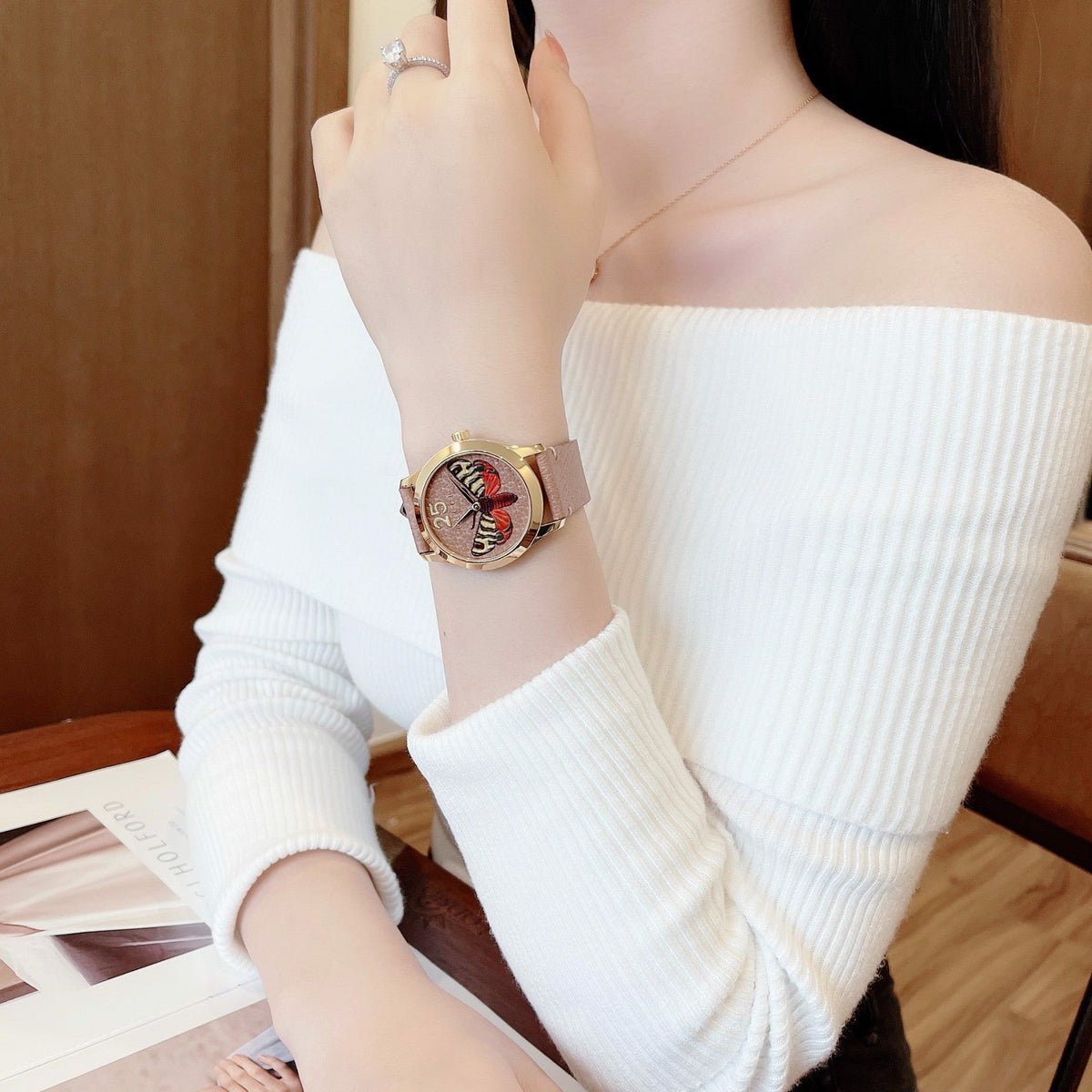  Shop Authentic Gucci G Timeless Butterfly Brown Dial Brown Leather Strap Watch For Women - YA1264063 - Luxxuri