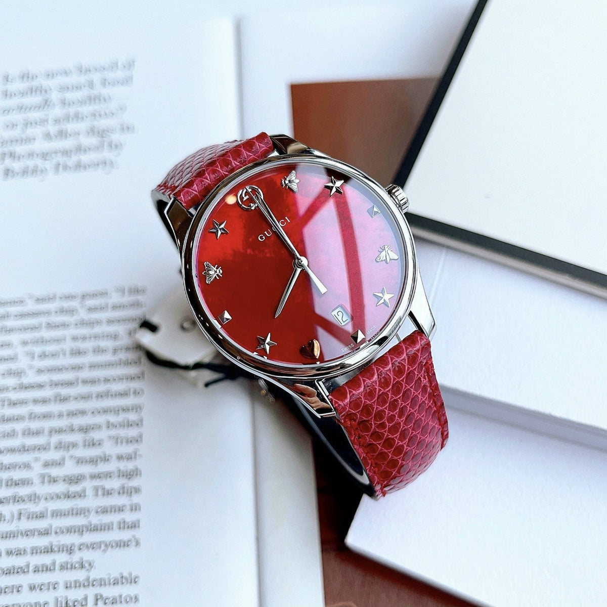  Shop Authentic Gucci G-Timeless Mother of Pearl Red Dial Red Leather Strap Watch For Women - YA1264041 - Luxxuri