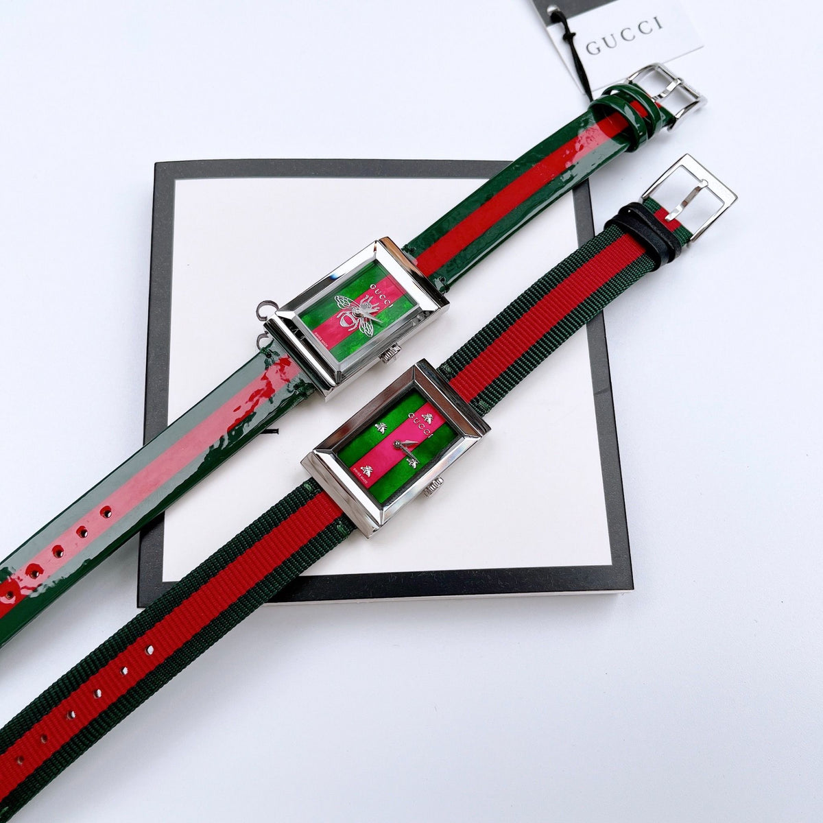  Shop Authentic Gucci G Frame Quartz Green & Red Mother of Pearl Dial Multicolor Leather Strap Watch For Women - YA147408 - Luxxuri