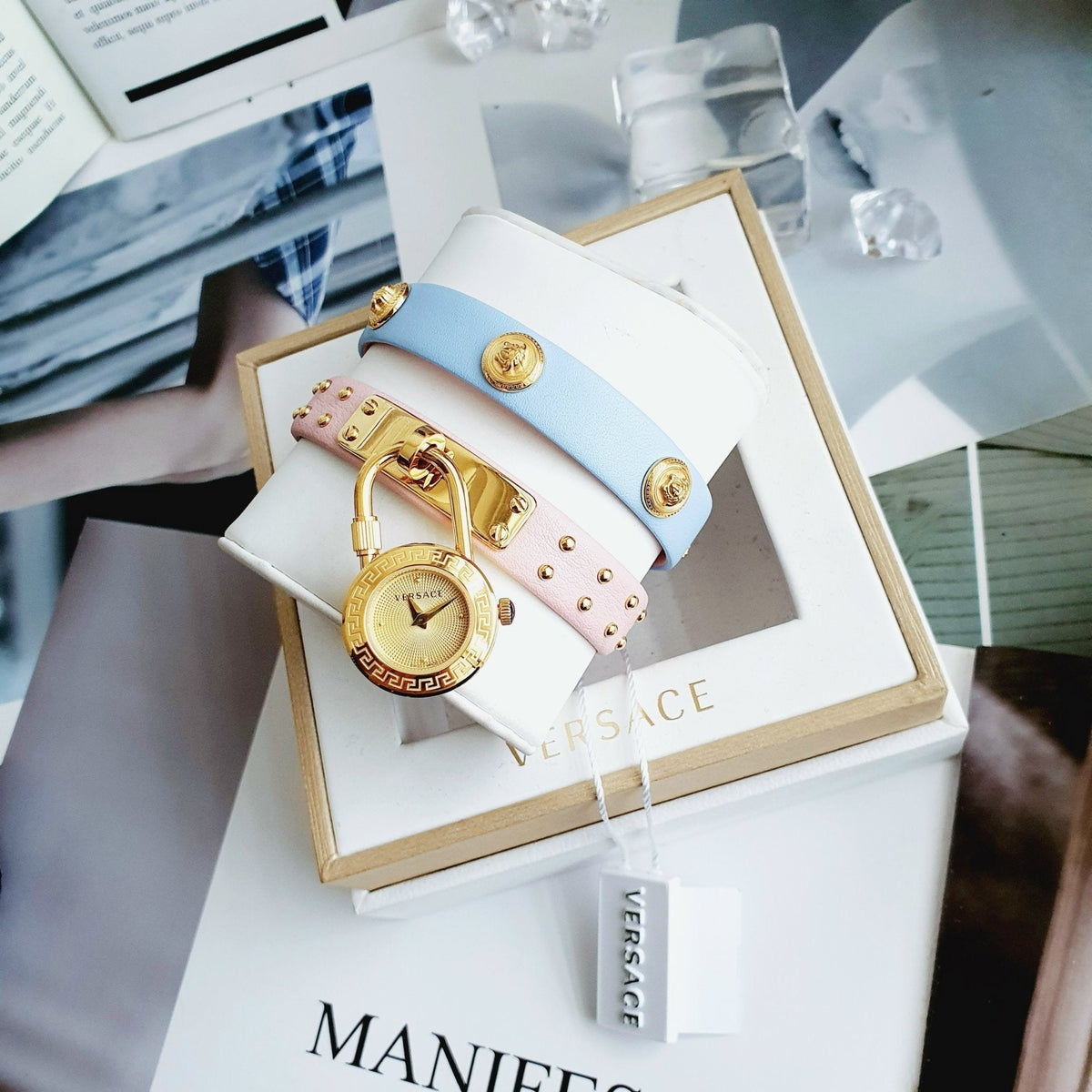  Shop Authentic Versace Medusa Lock Icon Quartz Gold Dial Pink & Blue Leather Strap Watch For Women - VEDW00219 - Luxxuri