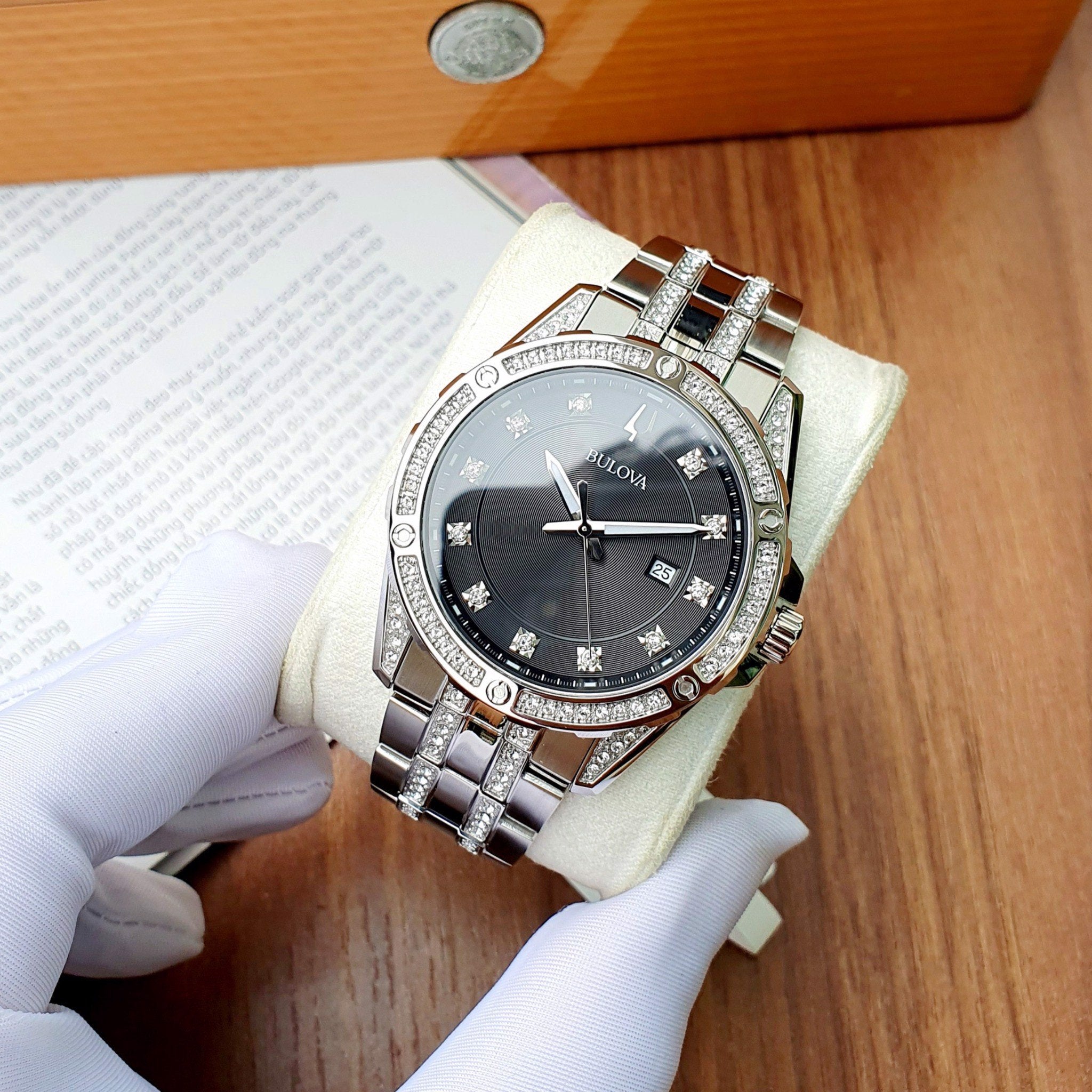  Shop Authentic Bulova Crystal Collection Black Dial Silver Steel Strap Watch for Men - 96K104 - Luxxuri