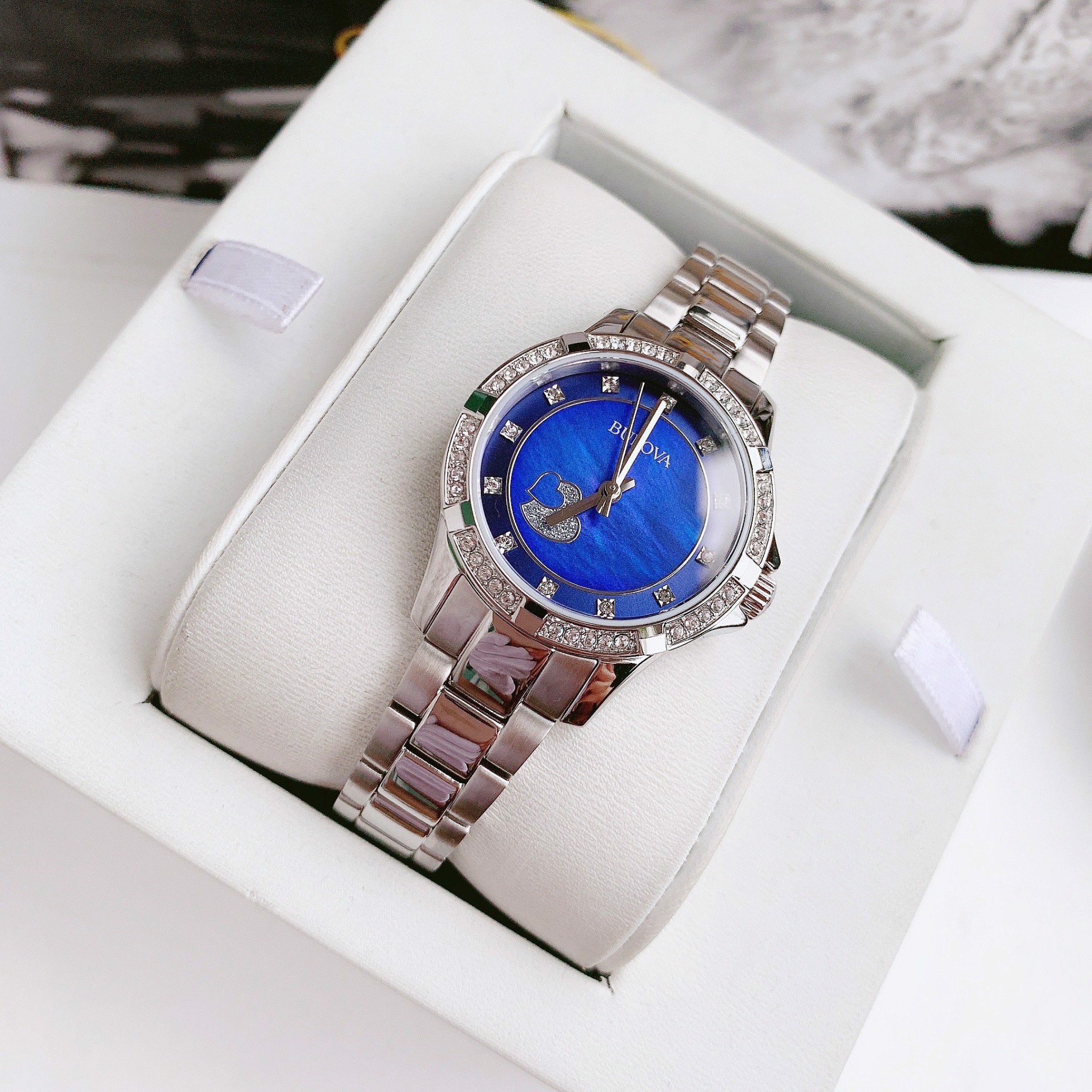 Shop Authentic Bulova Crystal Collection Blue Mother of Pearl Dial Silver Steel Strap Watch for Women - 96L238 - Luxxuri