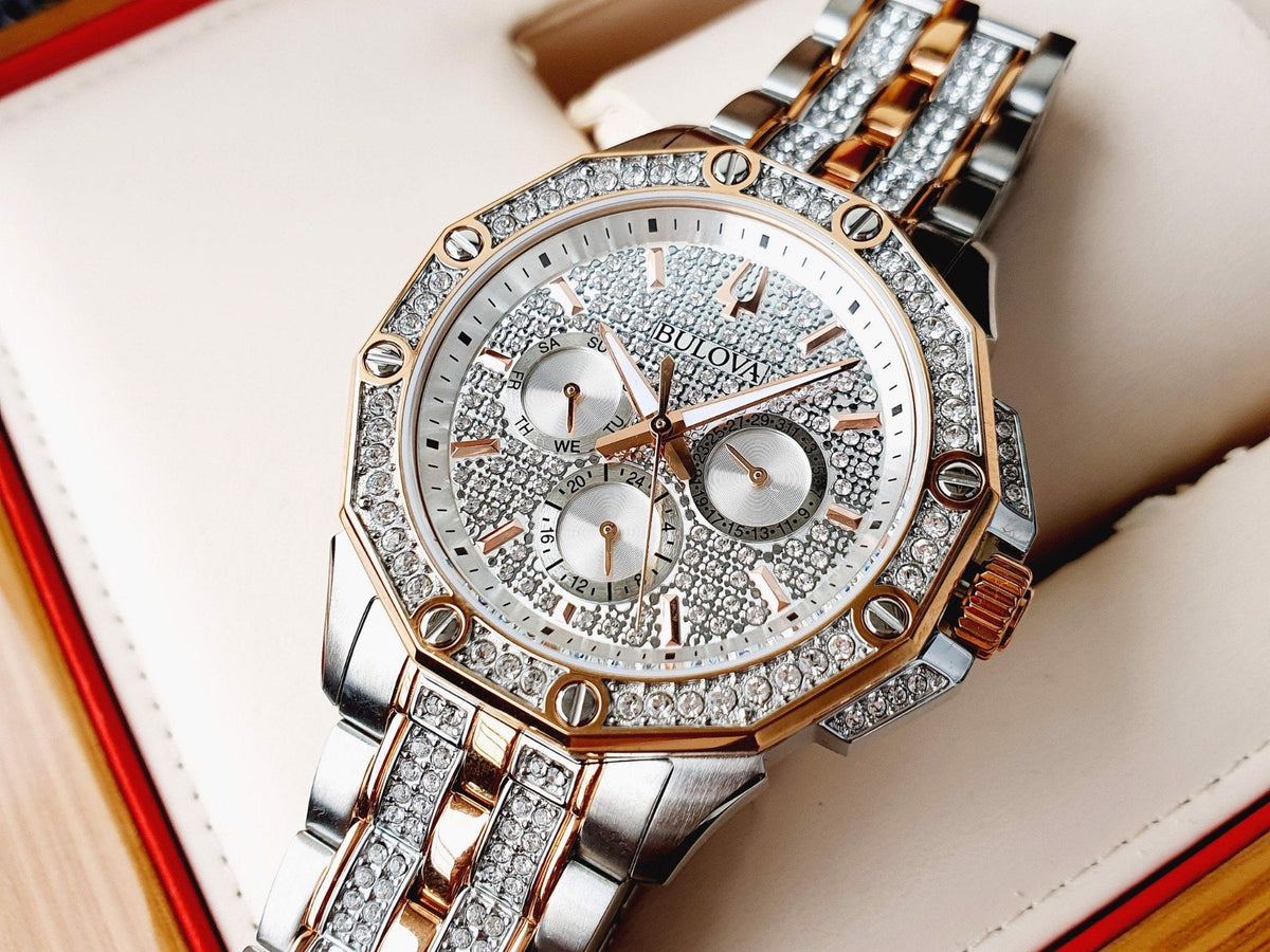  Shop Authentic Bulova Octova Crystal Silver Dial Two Tone Steel Strap Watch for Men - 98C133 - Luxxuri